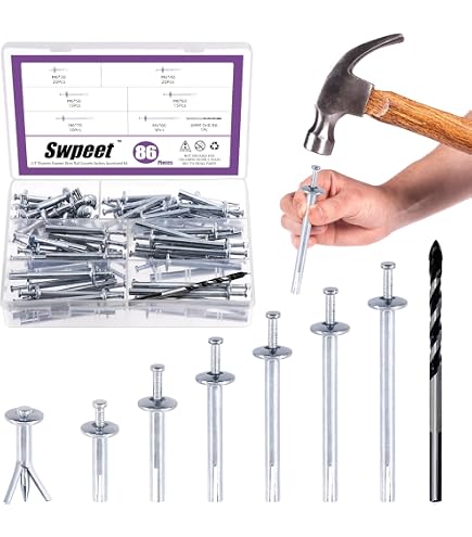 SANTIE Hammer Drive Anchors – 1/4" X 1-1/4", 100-Pack, Zinc Alloy & Steel Pin, Mushroom Head For Concrete, Brick, Block