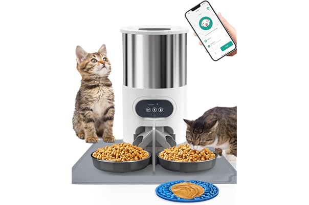 ペットフィーダー自動給餌器 猫 留守番対策 1日6食 ウェットおよびドライフード自動給餌器 中小型犬用 常夜灯とプログラム可能なタイマー付きタイマー 自動餌やり機 手動給餌可 2way給電 スタンド レコーダー 6x1カップ容量 録音可 オープニング