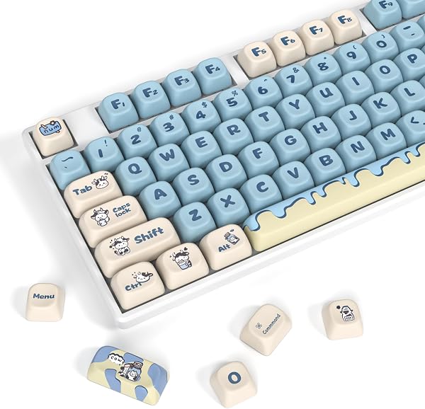 141 Key MOA Profile Sublimation Printed PBT Keycap Set, Custom Keycap, Cute Keycap US Layout 60% 65% 100% MX Switch Compatible with Mechanical Keyboard (Blue Cow) - 1