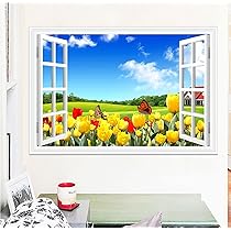 絵画　花　窓 Amazon.co.jp: Condessacity 偽窓 ウォールステッカー 花 蝶 窓