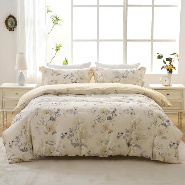 MILDLY Cotton Bedding Set, 100% Egyptian Extra-Long Staple Cotton, Comfortable, Breathable, Restful Sleep, Pleasant Texture, 4-Piece Set, Duvet Cover/Fitted Sheet/2 x Pillow Case, Single S, Daisy - 1