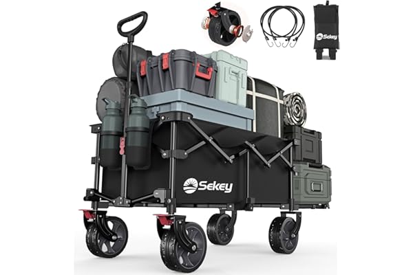 Sekey 後ろ開け 長物対応 大容量185L 耐荷重150kg 【収納サイズが類似品で最小級】【ベアリング搭載の大型ノーパンクタイヤ】【ブレーキ付き】アウトドアワゴン 軽量 キャリーワゴン ワンタッチ収束型 自立収納 静音 キャンプ・花見・釣り・運動会 キャンプカート 黒