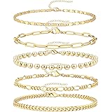 Reoxvo 5PCS Gold Layered Bracelets for Women,Dainty 14K Gold Plated Paperclip Cuban Figaro Mirror Beaded Ball Link Chain Laye