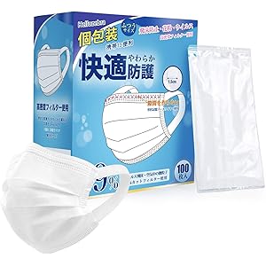【広耳 日本国内検品】マスク 100枚入 個包装 耳痛くならない 不織布 三層構造 使い捨て プリーツ型マスク