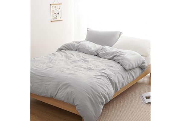 クモリ(Kumori) 掛け布団カバー シングル 洗いざらし 吸湿速乾 素肌にやさしい 柔らかい しっとり ピーチスキン シワ加工 丸洗いOK オールシーズン 布団カバー 掛ふとんカバー (シングル・150X210cm ライトグレー)