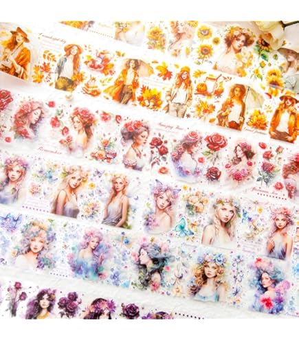 海外マステ 人物マステ 6巻セット マスキングテープ シール 動物 桃 狐 シール セット 海外 PETテープ マスキングテープ 女の子 福袋