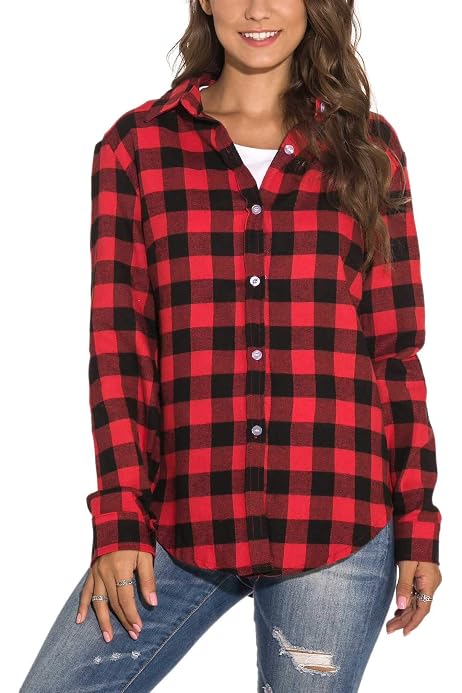 Fesky Womens Red Buffalo Plaid Shirts 