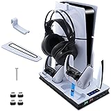 Mcbazel PS5/PS5 Slim対応 縦置き PS5新型ゲーム機用 多機能冷却ファン充電スタンド コントローラーデュアル充電機能付き PS5/PS5 Slim UHD/デジタル四つ機種対応 放熱対策 急速充電 過充電防止- ホワイト