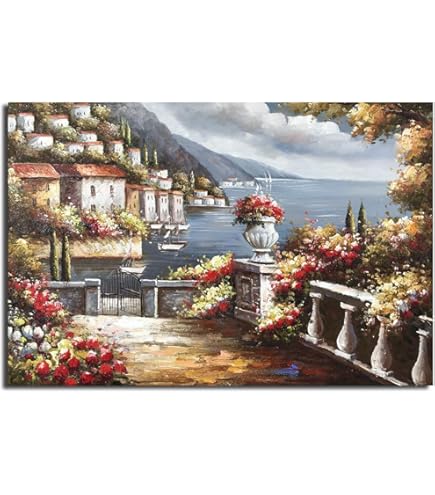 Amazon.co.jp: 沿岸の都市景観 油絵 アートワーク: イタリアの町