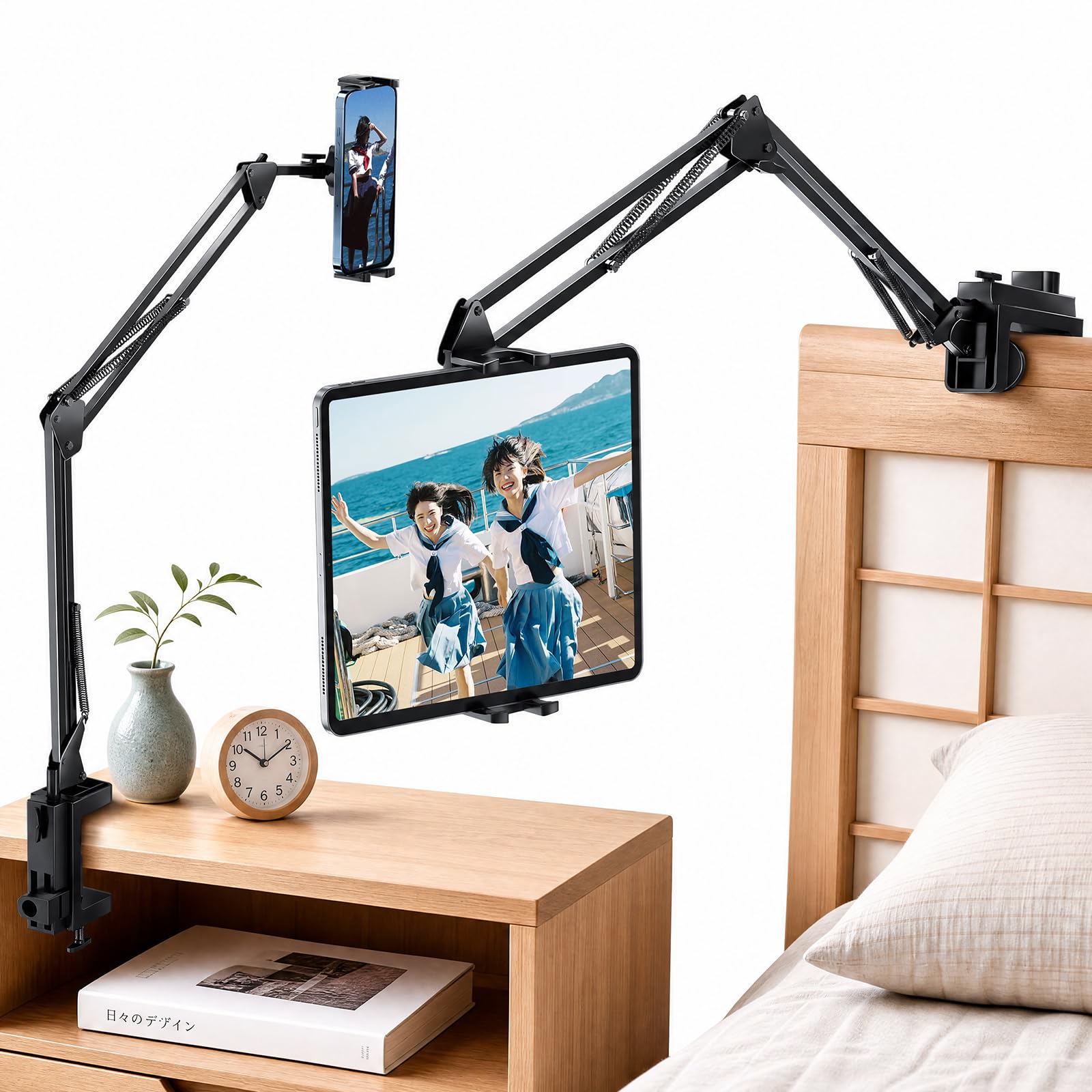 タブレット スタンド 寝ながら タブレット アーム 4〜15.6インチ対応 炭素スチール製 360°回転 折りたたみ ベッド用 ホルダー iPad対応
