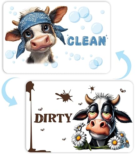 Dishwasher Magnet Clean Dirty Sign, Double-Sided Highland Cow Print Rounded Rectangle Clean/Dirty Magnets For Dish Washers, Home And Kitchen Magnetic...