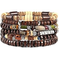 HZMAN Mix 5 Wrap Bracelets Men Women, Hemp Cords Wood Beads Ethnic Tribal Bracelets, Leather Wristbands