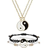 Hicarer Yin Yang Friend or Couple Bracelet with Necklace Set, 2 Pieces Matching Yin Yang Adjustable Cord Bracelet, 2 Pieces Y