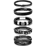 LOWNOUR Black Leather Bracelets for Men Women 5pcs Mens Bracelet Leather and Steel Braided Cuff Bracelets