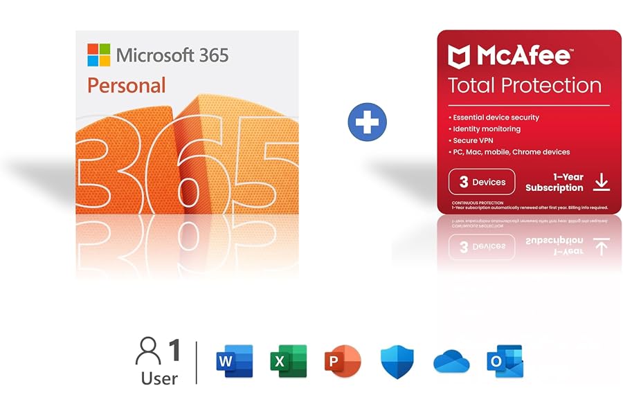 Microsoft 365 Personal + McAfee® Total Protection for 3 Devices - 1 Year Subscription Bundle [Digital Download]