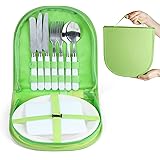 Vech Camping Silverware Kit Cutlery Organizer Utensil Picnic Set - 12 Piece Mess Kit for 2 - Stainless Steel Plate Spoon Butt