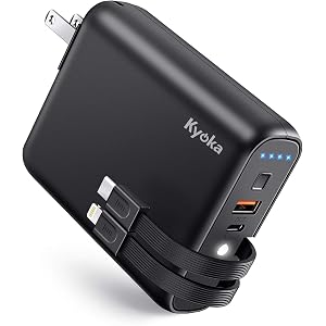 KYOKA モバイルバッテリー 大容量 9600mAh (PD対応+ケーブル内蔵) 軽量 USB-C急速充電器 18W…