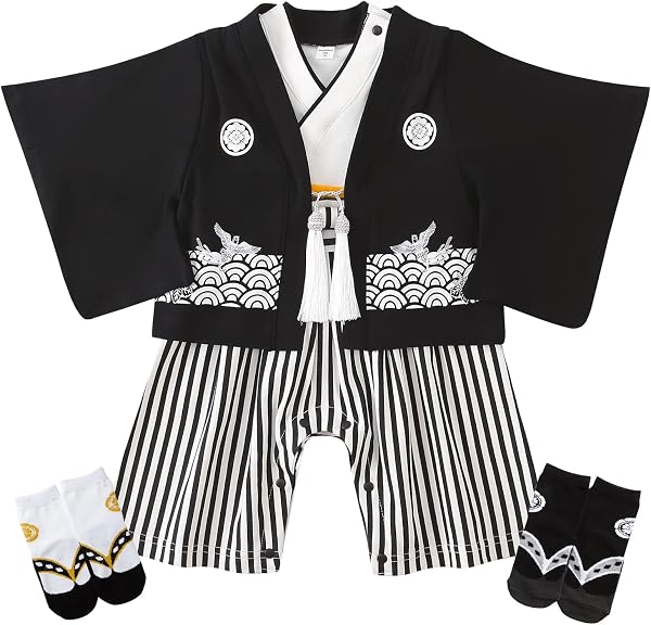 Comfort U Baby Boy Hakama Romper, Coverall, 100% Cotton, Japanese Pattern, Children's Clothing, Hakama-Style, Outfit, Japanese Clothing, Kimono, Socks Included, Newborn, Formal, Baby Shower Gift - 1