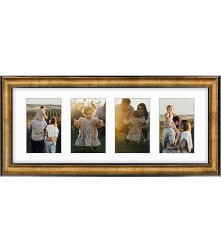 Frametory 8x20 Aluminum Collage Picture Frame – Display Four 4x6 Photos With Mat, Real Glass, Gold Finish