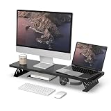 Fenge モニター台 卓上 モニタースタンド デスクシェルフ パソコン台 木製 スチール製 pc モニター台 机上台 卓上ラック 机上ラック デスク周り収納 (ブラック, 80cm)