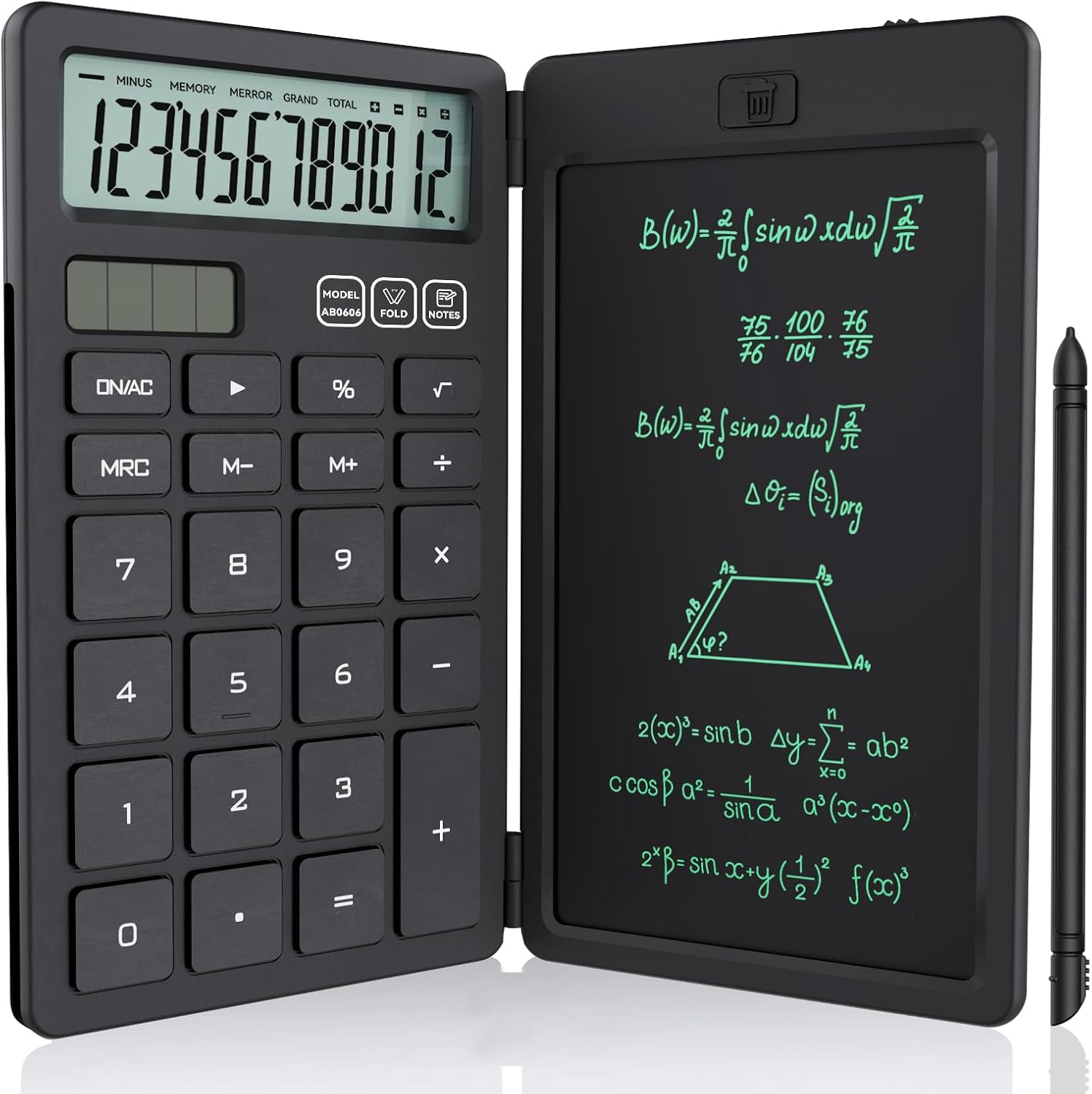 NEWYES 電卓付き電子メモパッド ソーラー充電可 折りたたみ式 ワンタッチ消去 多機能 計算機 デジタルペーパー 電卓 12桁 ６インチ 黒 | コンパクト デジタル 使いやすい 小型 メモ帳 職場 家庭 仕事用