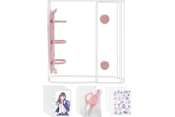 GOKEI シール帳 プラバン 透明 A8 ミニ バインダー 【リフィル×20枚 チャック付きボケット×2枚 下敷き×2枚】 PPシート カードポケット シール台紙 手帳 プリ帳 カードスリーブ 透明シール帳 はがせる バインダー型ノート 女の子 コラージュノート (ピンク)