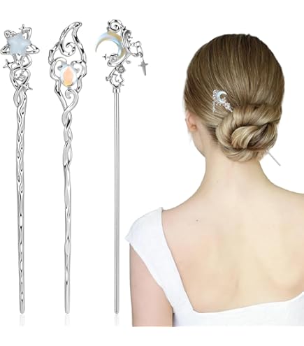 2pcs Star Moon Hair Sticks for Buns Long Hair Metal Silver Hair
