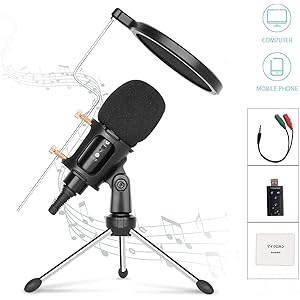 コンデンサーマイク マイク セット卓上PCマイク PCボーカル用 スタジオレコーディング USBサウンドカード付き 高音質 録音 動画投稿 宅録 youtube 生放送 ゲーム実況 卓上マイク三脚スタンド 折り畳み式 3.5㎜ジャック接続 iPhone/Android/PC等対応 日本語取扱説 (ブラック)