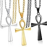 3 Pieces Men's Stainless Steel Ankh Pendant Necklace, Black, Gold, Silver, stainless steel and alloy, stainless steel and all