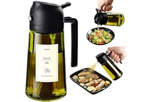 TrendPlain 470ml 2 合 1 橄榄油分配器，遮光玻璃橄榄油喷雾瓶，带贴纸烹饪用 - 沙拉、烧烤和厨房必备空气炸锅配件 - 黑色