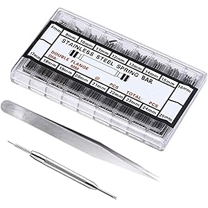 腕時計バネ棒 パーツ バネ棒 ベルトバネ棒セット 18サイズ(8mm~25mm )ステンレス製 時計用工具 交換 修理キット ピンセット、バネ棒はずし付き
