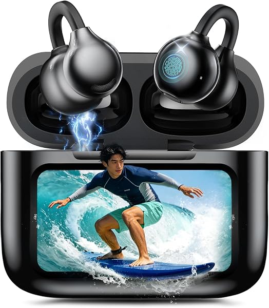 イヤホン Bluetooth ワイヤレスイヤホン【2026年の衝撃作·ディスプレイ付きのイヤーイヤホンが登場】次世代タッチスクリーン操作 骨伝導イヤホン超え イヤーカフ 開放型設計 Bluetooth6.0 UFT3.0完全防漏音 500mAh大容量 NSQVP4.0音質補強 歌詞リアルタイム表示 通話ノイズキャンセリング Type-C急速充電 通勤/スポーツ/ビジネス対応 - 1
