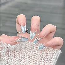 Amazon | ネイルチップ 3D ロング 青 赤 ピンク 黒 人気 韓国 夏 青 春