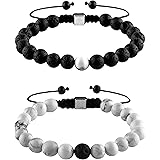 Black Lava Rock White Howlite beads with Braided Rope Adjustable - Distance Bracelets Couples Relationship Best Friend Set of