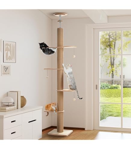 大型キャットタワー 突っ張り天井 スリム 230～253cm ホワイトベージュ Amazon | ファブリック キャットタワー 突っ張り 天井 スリム 高