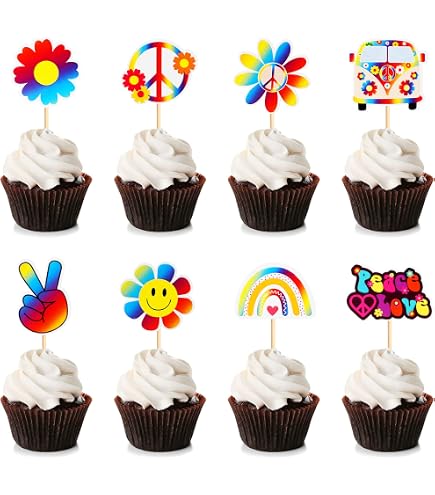 3-stöckiger Cupcake-Ständer Im 60er Jahre Design – Batik, Peace-Zeichen, 30 Cm Hoch, Für Hippie-Partys