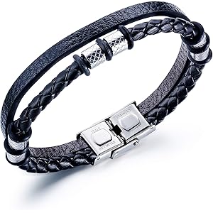 Rockyu メンズ ブレスレット レザー ブランド ブラック 編み込み 革製ブレスレット 2連バングル腕輪 シンプルファッションアクセサリー