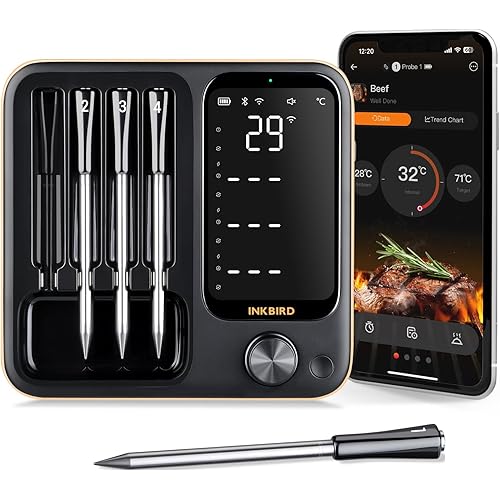 INKBIRD Wireless BBQ Thermometer with 4 Probes INT-14-BW, 3-Mode WiFi Bluetooth Meat Thermometer with Temperature Pre-Alarm a