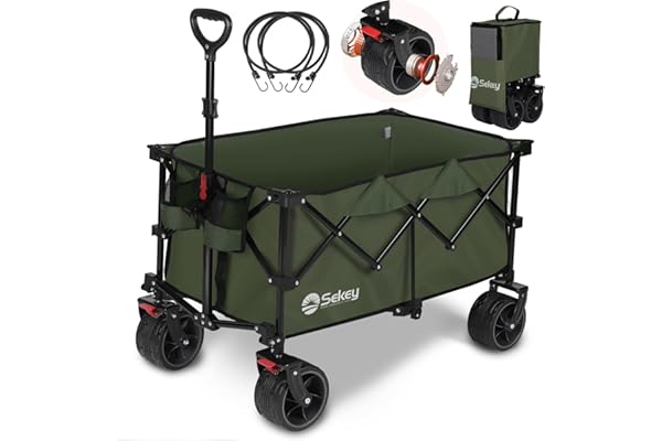 Sekey【断面幅10cmの極太ノーパンクタイヤ】【ベアリング付き】 大容量135L キャリーワゴン 高耐荷重150kg 【収納サイズが類似品で最小級】 コンパクト 折り畳み 簡単組立 ワンタッチ収束型 自立収納 静音 アウトドアワゴン キャンプ・花見・運動会 キャンプカート ダークグリーン