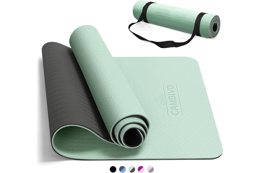 CAMBIVO TPE Yoga Mat 183x61 cm, 6/8/10 mm Thick with Carrying Strap | Double-Sided Non-Slip Texture with a Reinforced Mesh La