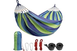 ハンモック ベルト付き 転倒防止仕様 超広い 超軽量 2人用 260 X 150CM 耐荷重350kg 2人用 アウトドア ハンモック キャンプ 軽量 収納袋付き (ブルー)