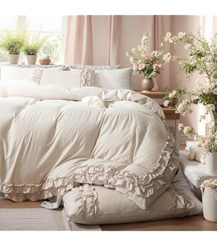 LELVA Shabby Chic Duvet Cover Set Queen - 4 Piece, Cotton, Ruffle Lace, Khaki, Includes Bed Skirt