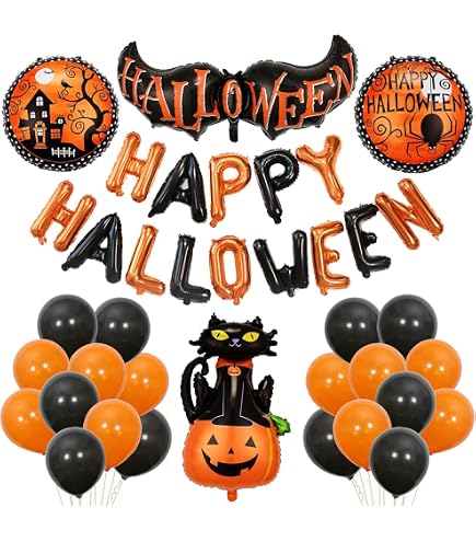 Halloween Birthday Party Decorations Kit – Orange & Black Balloons, Happy Birthday Banner, 32 Bats, Party Supplies