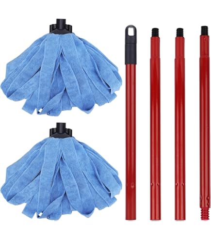 Microfiber Mop Set - 1 Handle & 2 Reusable Mop Heads (Blue & White), Stainless Steel Pole