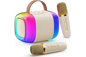 JYX Mini Karaoke Machine for Kids with 2 Wireless Mircophones, Portable Bluetooth 5.3 Karaoke Speaker with Colorful LED Lights, Ideal Gifts for Girls Boys (Beige-2MIC)