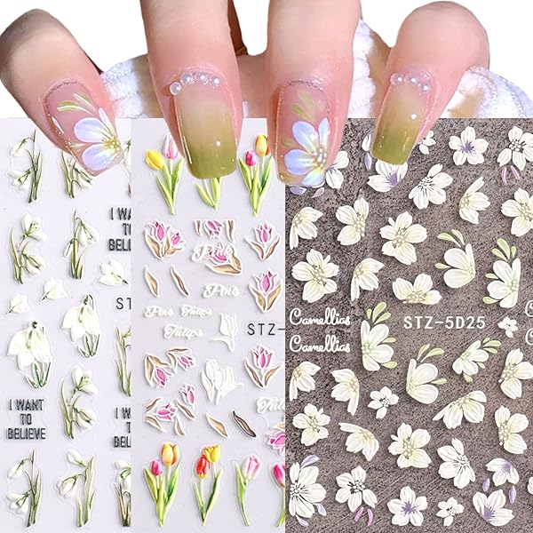 Amazon | LANODO 6枚 ネイルシール 綺麗 3D 春夏 花草 複数のスタイル