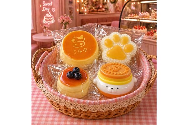 スクイーズ 4点セット 焦がしミルク コイン犬 ブルーベリースフレ 肉球 水感 低反発 破れにくい 袋のまま遊べる プレゼント [並行輸入品] | もちもち水感が特徴のスクイーズケーキ4点セット。柔らか素材で握り心地抜群のフィジェットトイ。繰り返し握ってストレス解消や暇つぶしに最適。低反発で形が戻るので何度でも楽しめる。静音設計。プレゼントに。お勧めです。安心の一品。