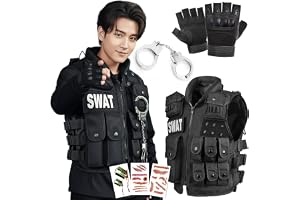 SWAT コスプレ タクティカルベスト スワット ミリタリーベスト ハロウィン 仮装 サバゲー 装備 イベント用 コスチューム 戦闘服 男女兼用 多ポケット サイズ調整可能 6点フルセット(タクティカルベスト+ハーフフィンガーグローブ+おもちゃ道具+