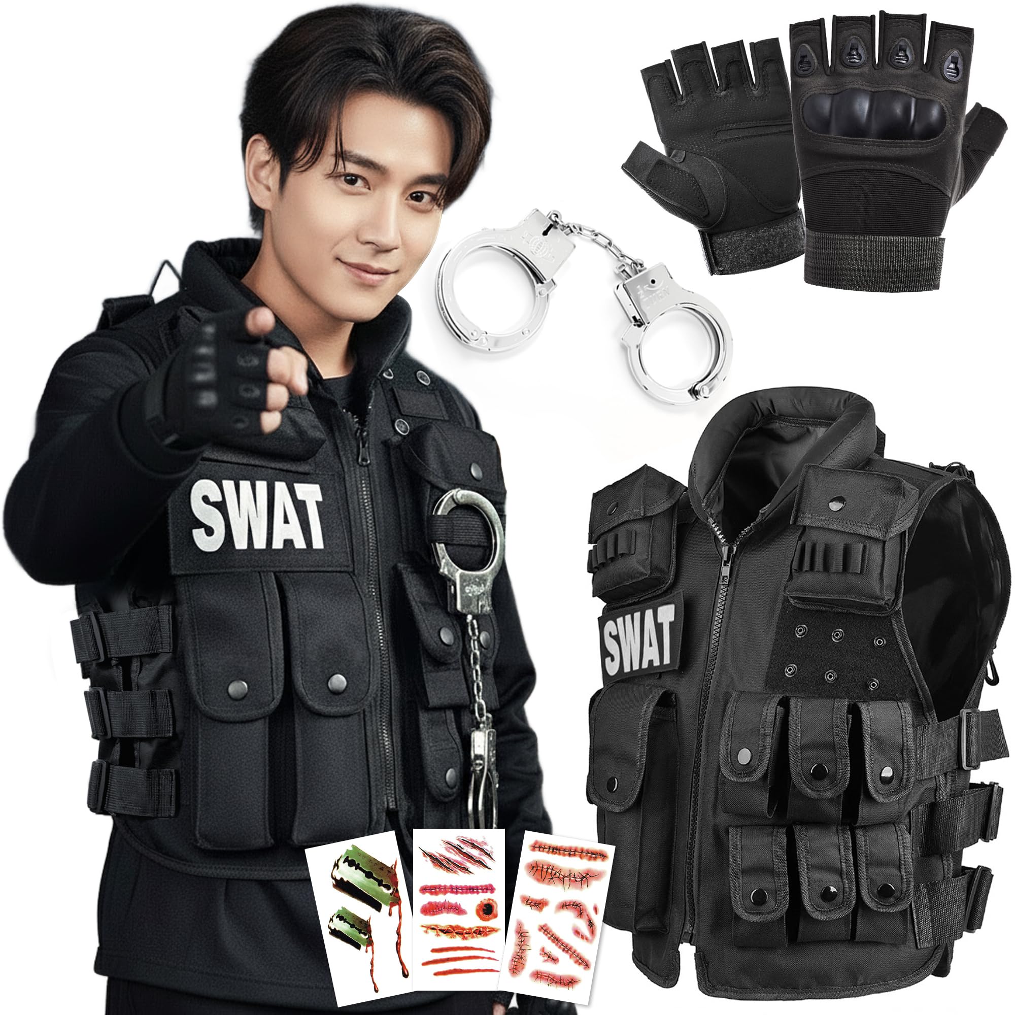 SWAT コスプレ タクティカルベスト スワット ミリタリーベスト ハロウィン 仮装 サバゲー 装備 イベント用 コスチューム 戦闘服 男女兼用 多ポケット サイズ調整可能 6点フルセット(タクティカルベスト+ハーフフィンガーグローブ+おもちゃ道具+