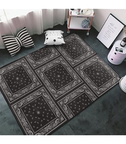 Amazon | ブラックバンダナ 羽柄 北欧 ペイズリー柄(1) カーペット